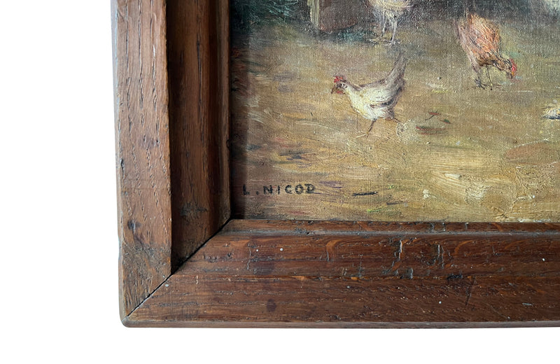 Signed framed, small oil on board painting of a farmyard with chickens and dog by L.Nicod