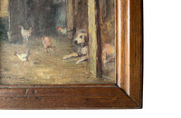 Signed framed, small oil on board painting of a farmyard with chickens and dog by L.Nicod