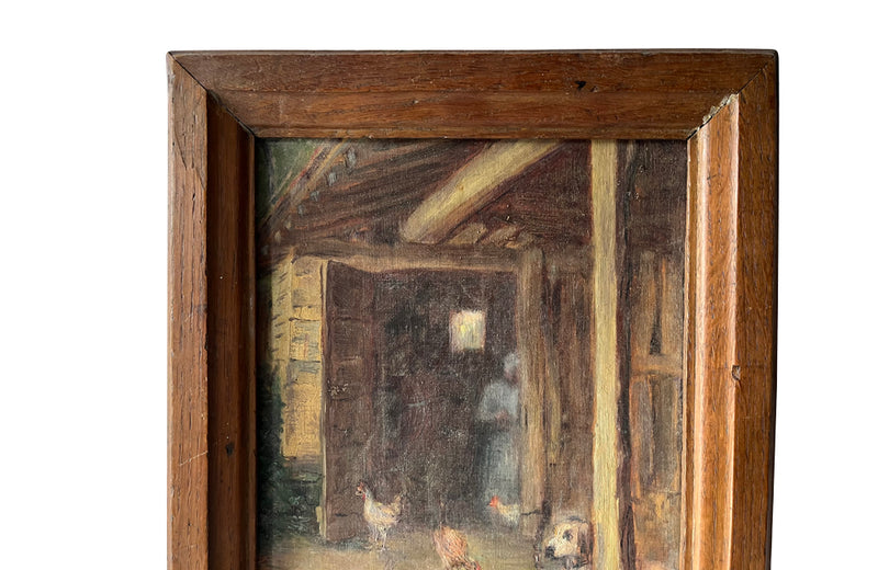 Signed framed, small oil on board painting of a farmyard with chickens and dog by L.Nicod