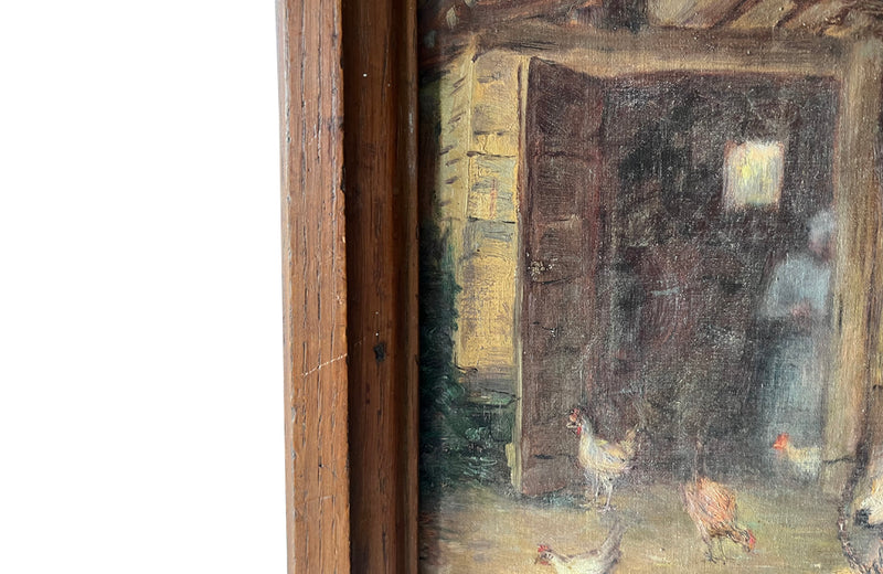 Signed framed, small oil on board painting of a farmyard with chickens and dog by L.Nicod