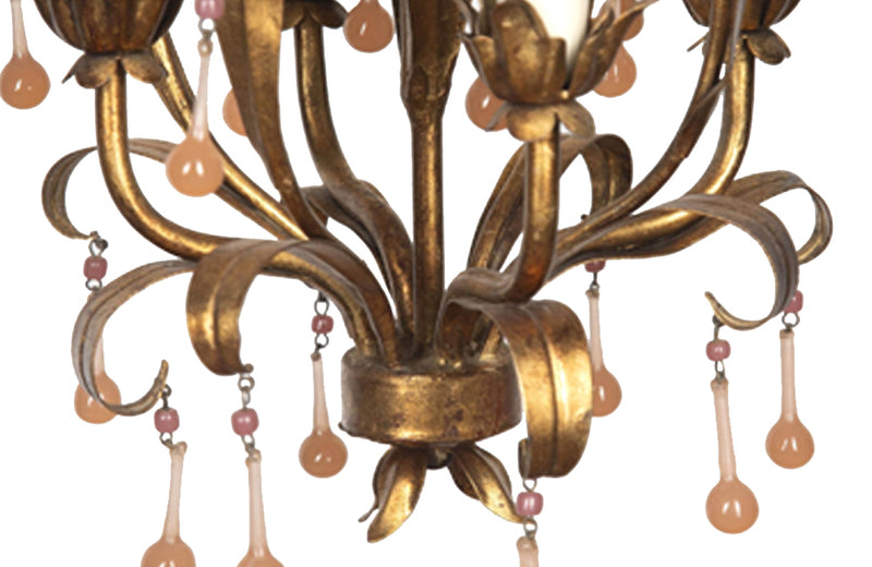20th century charming gilt metal French chandelier with foliate decoration and peach pink drops.