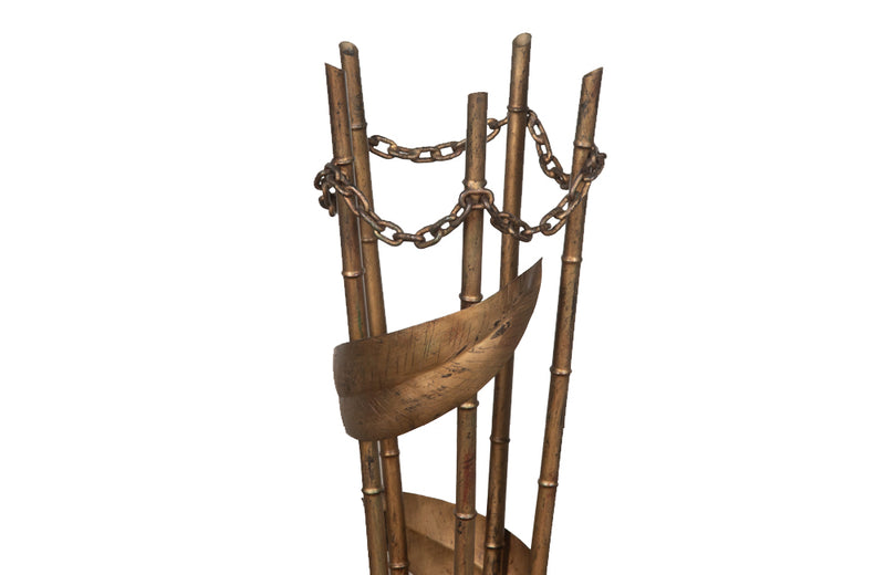 Gilt iron faux bamboo umbrella stand with chain link accents. Spain c.1950.