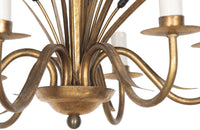 Hollywood Regency style, gilt metal, bulrush chandelier with six black flower spikes