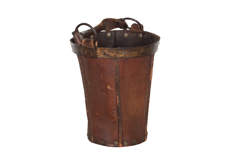 Mid-century Spanish fire bucket in brown leather with metal riveted rim