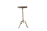Spanish, gilt iron martini table with decorative coiled rim top, twisted stem and shaped tripod base with arrow point feet. 