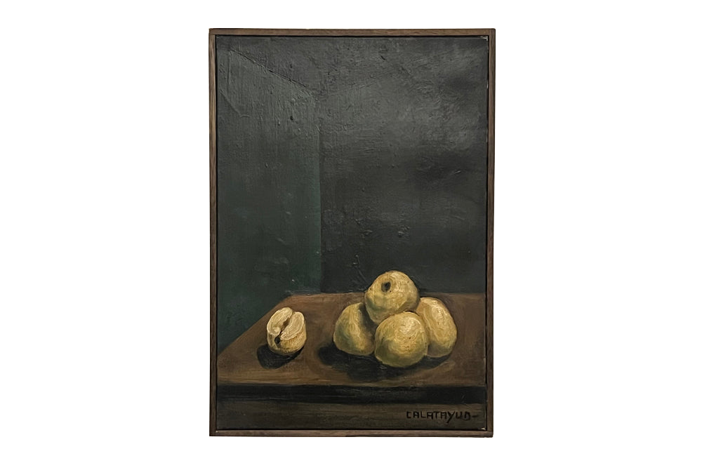 French modernist still life oil on canvas painting of a table with apples.