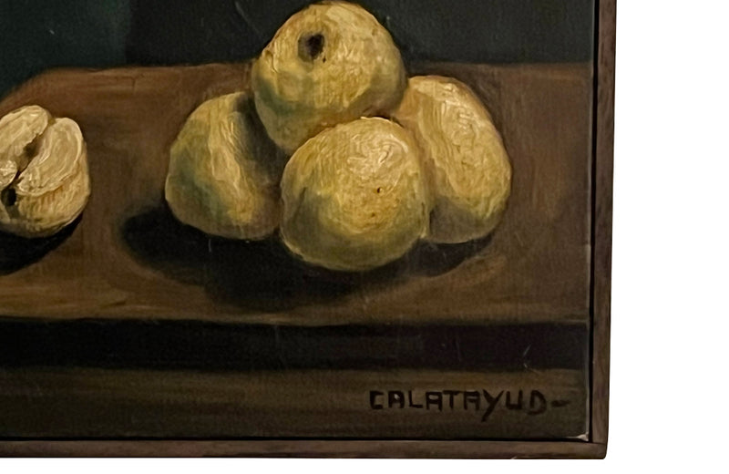 French modernist still life oil on canvas painting of a table with apples.