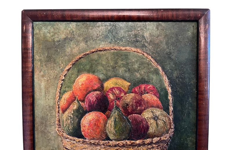 Vintage oil painting of a large basket of fruit signed Robert Malinceoni