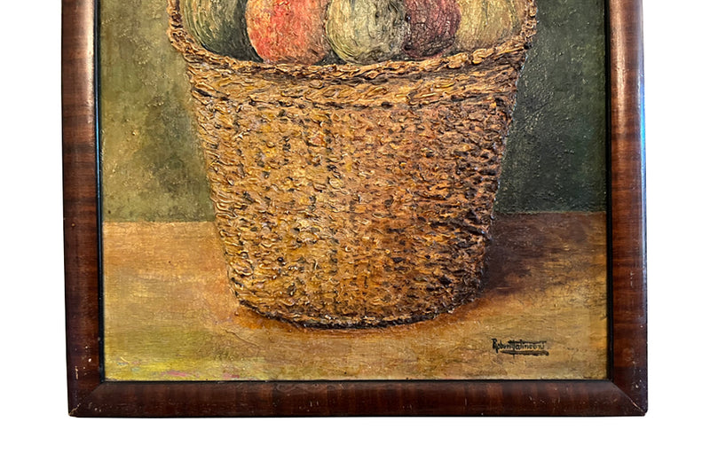 Vintage oil painting of a large basket of fruit signed Robert Malinceoni