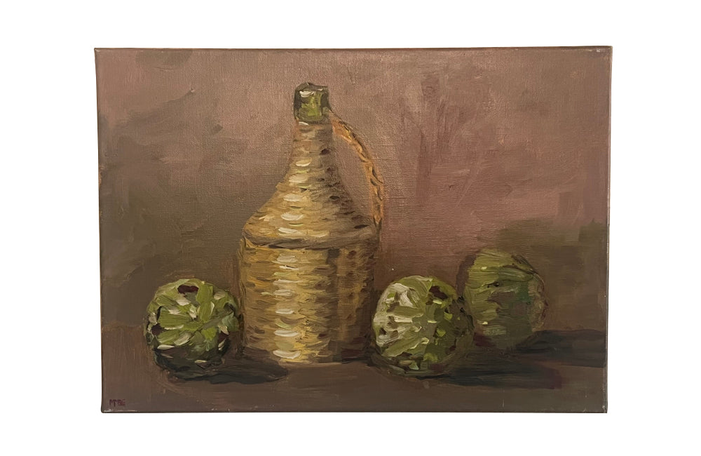 20th century decorative small still life oil on canvas painting of artichokes with a strawed bottle.