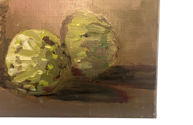 20th century decorative small still life oil on canvas painting of artichokes with a strawed bottle.