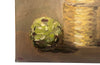 20th century decorative small still life oil on canvas painting of artichokes with a strawed bottle.