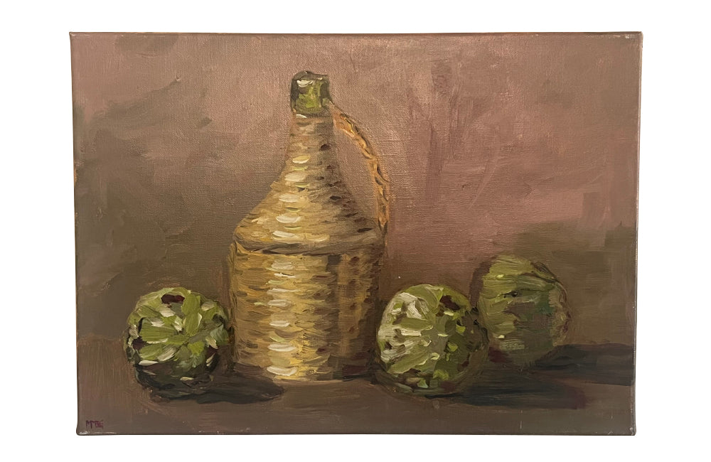 20th century decorative small still life oil on canvas painting of artichokes with a strawed bottle.