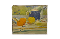 Colourful signed acrylic still life painting featuring oranges, apple,a blue teapot and a striped table cloth