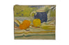 Colourful signed acrylic still life painting featuring oranges, apple,a blue teapot and a striped table cloth