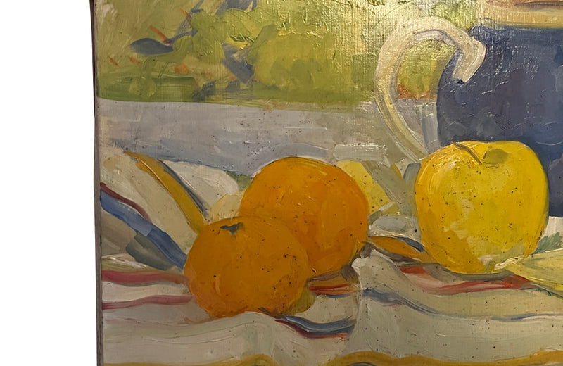 Colourful signed acrylic still life painting featuring oranges, apple,a blue teapot and a striped table cloth