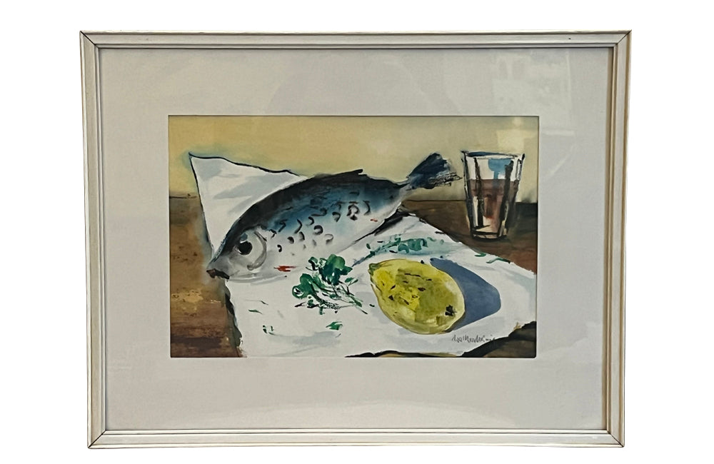 20th century still life painting of a fish, lemon and parsley with a glass of wine.