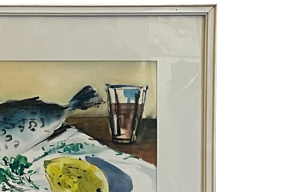 20th century still life painting of a fish, lemon and parsley with a glass of wine.