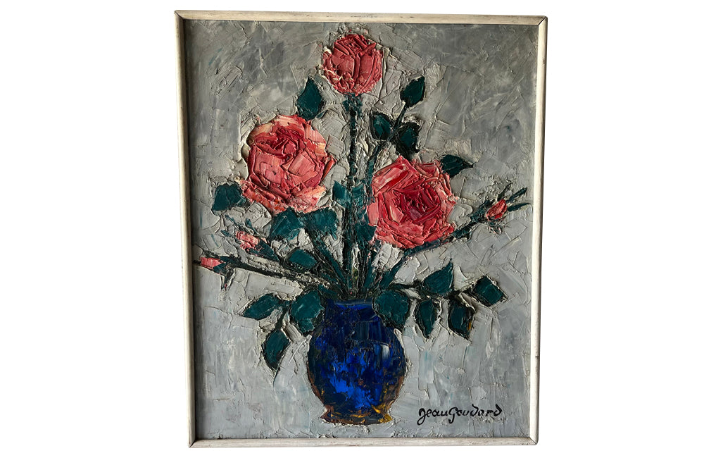 Framed still-life oil on canvas painting of pink roses in a blue vase by Jean Goudard