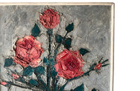 Framed still-life oil on canvas painting of pink roses in a blue vase by Jean Goudard