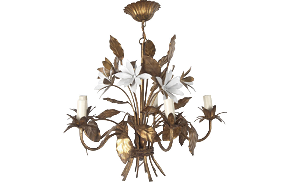 20th Century gilt metal chandelier with foliate decoration, six white flowers and five branched bulb holders.
