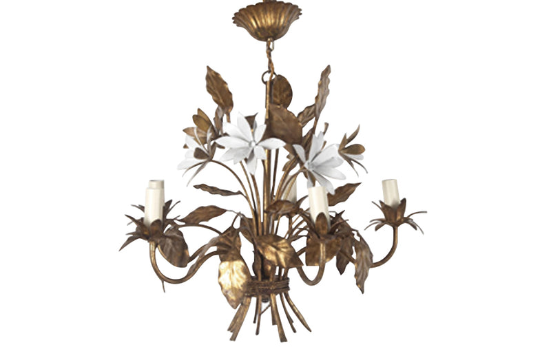 20th Century gilt metal chandelier with foliate decoration, six white flowers and five branched bulb holders.