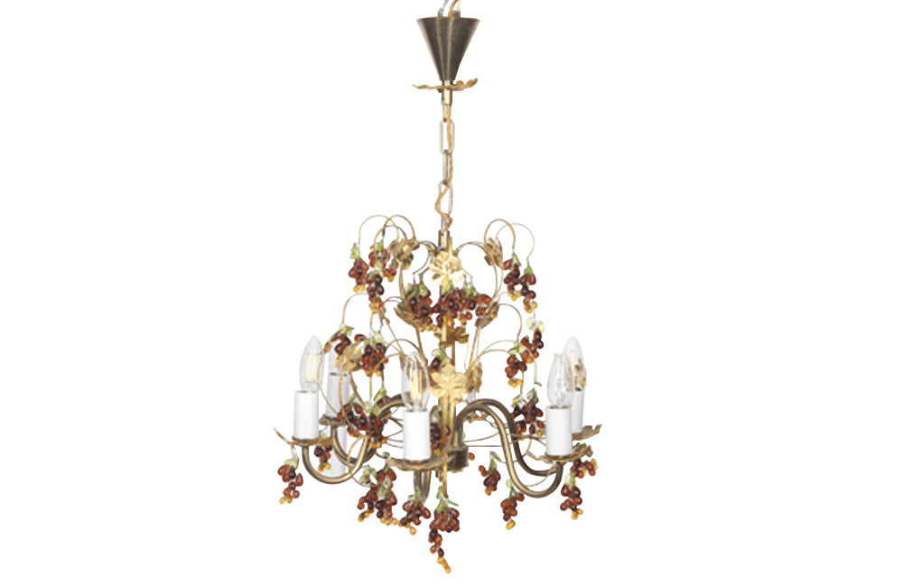 20th Century chandelier with bunched of glass grape drops and brass vine leaves.&nbsp;