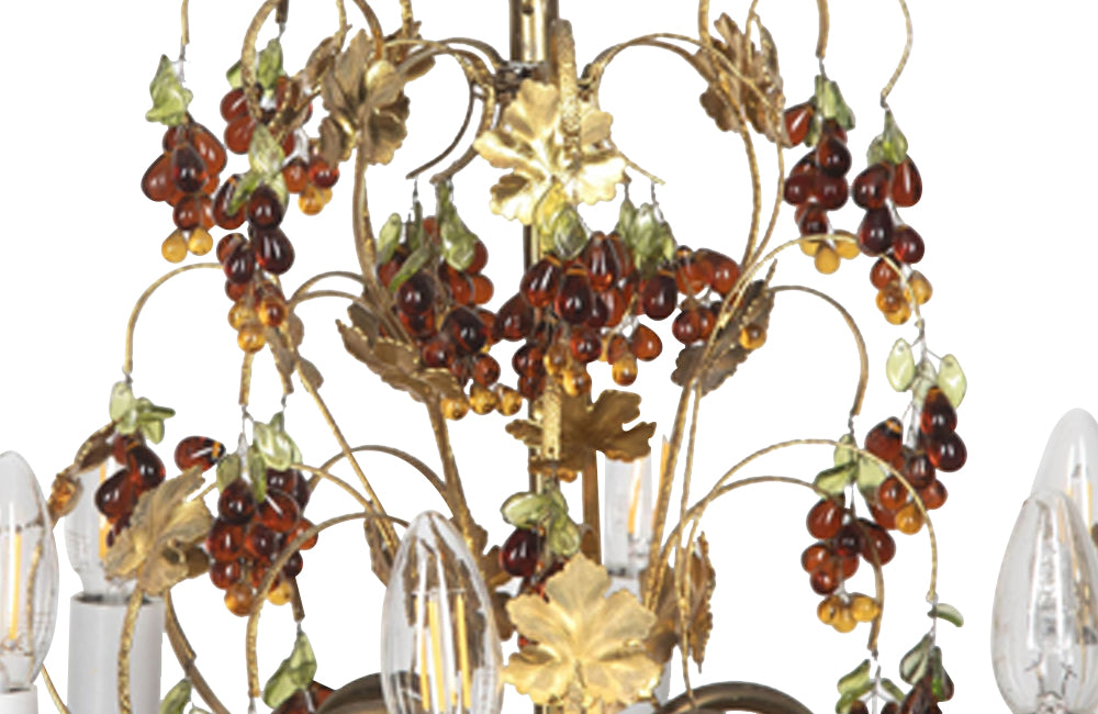 20th Century chandelier with bunched of glass grape drops and brass vine leaves.&nbsp;