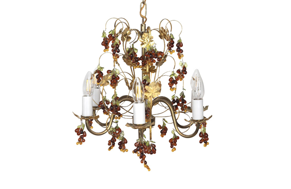 20th Century chandelier with bunched of glass grape drops and brass vine leaves.&nbsp;