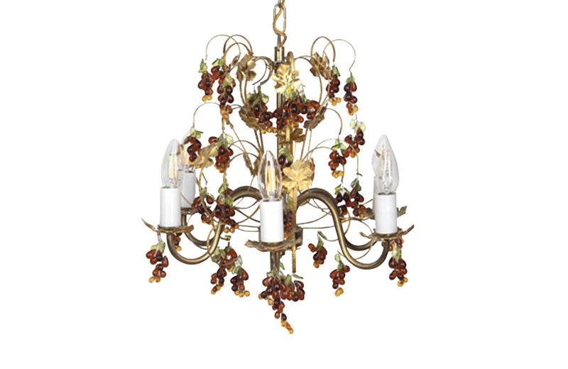 20th Century chandelier with bunched of glass grape drops and brass vine leaves.&nbsp;