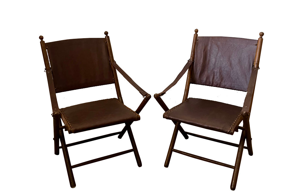 Antique chairs leather folding campaign chairs French faux bamboo - French Antique Furniture