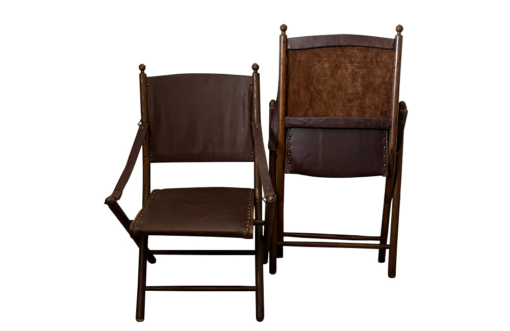 Antique chairs leather folding campaign chairs French faux bamboo - French Antique Furniture