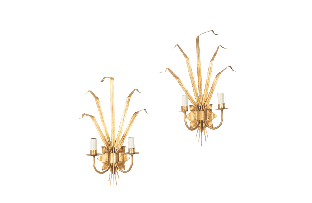 Pair of Mid 20th century Spanish gilt tole appliques wall lights sconces in the form of reeds - Mid Century wall lights