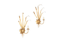 Pair of Mid 20th century Spanish gilt tole appliques wall lights sconces in the form of reeds - Mid Century wall lights