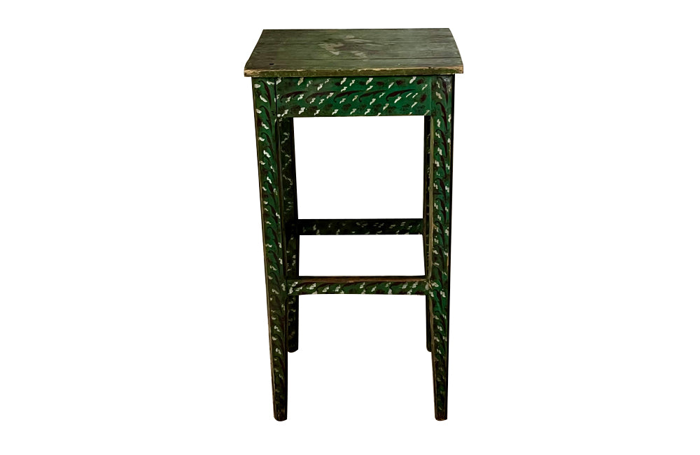 Antique side table tall green painted pedestal table French 1920s with painted decoration and central dancing female figure to the top.