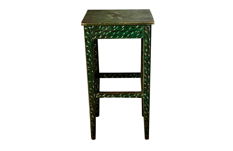 Antique side table tall green painted pedestal table French 1920s with painted decoration and central dancing female figure to the top.