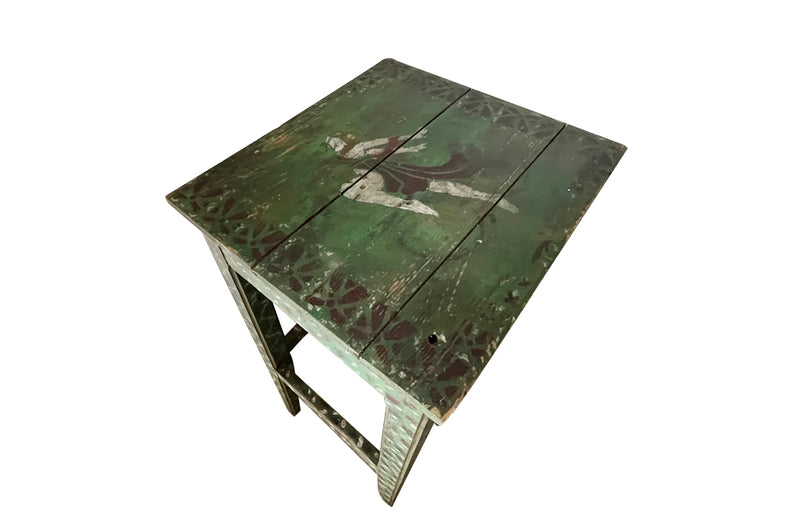 Antique side table tall green painted pedestal table French 1920s with painted decoration and central dancing female figure to the top.