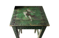 Antique side table tall green painted pedestal table French 1920s with painted decoration and central dancing female figure to the top.