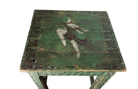 Antique side table tall green painted pedestal table French 1920s with painted decoration and central dancing female figure to the top.