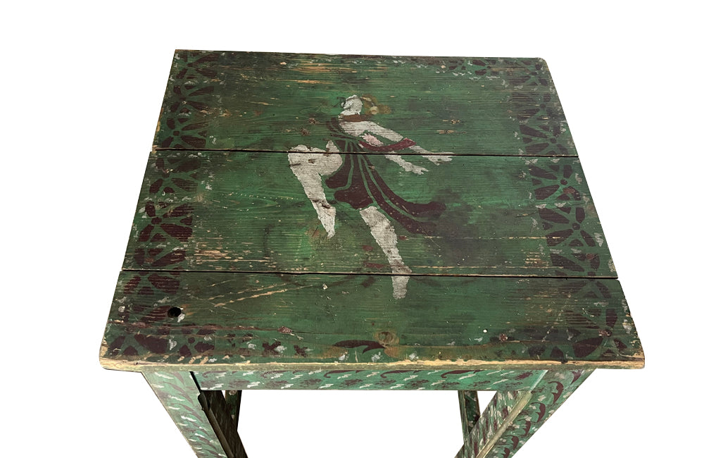 Antique side table tall green painted pedestal table French 1920s with painted decoration and central dancing female figure to the top.