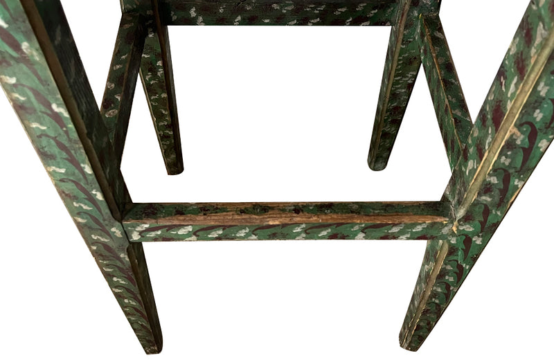 Antique side table tall green painted pedestal table French 1920s with painted decoration and central dancing female figure to the top.