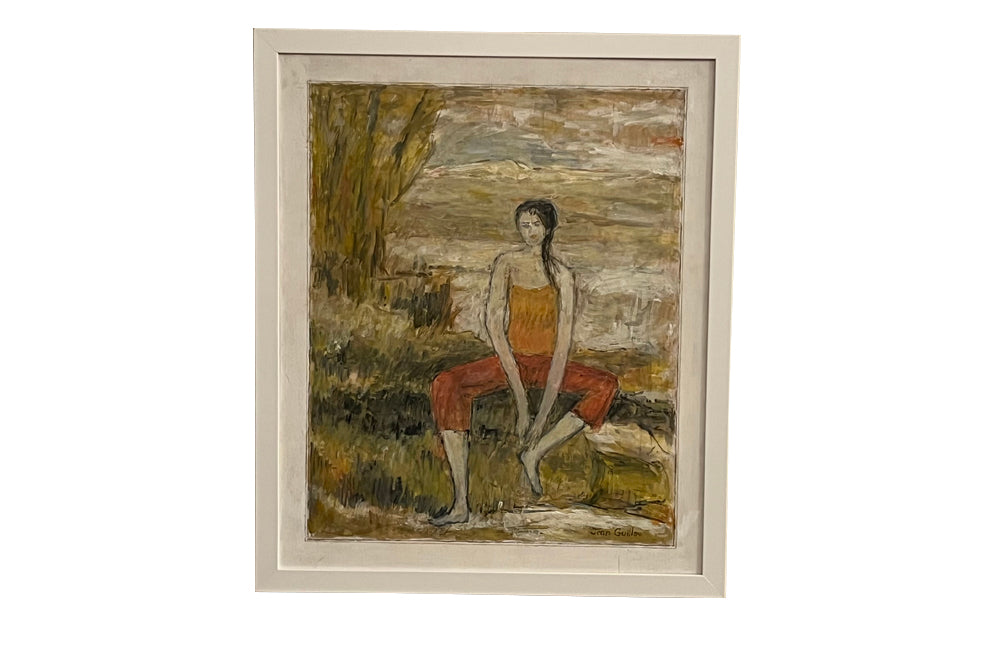 20th Century French oil on board painting of a seated young woman in relaxed attitude 