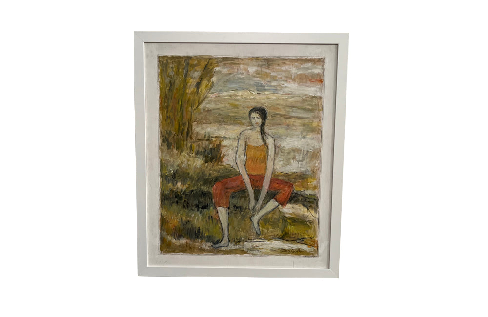 20th Century French oil on board painting of a seated young woman in relaxed attitude 