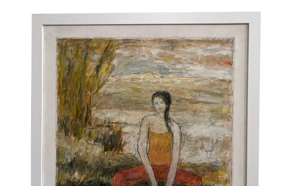 20th Century French oil on board painting of a seated young woman in relaxed attitude 