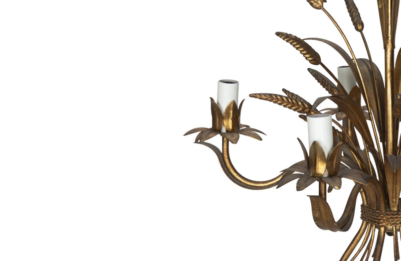 Mid-Century French Hollywood Regency style, gilt tole wheat sheaf chandelier with five bulb holders