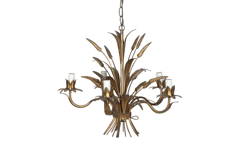 Mid-Century French Hollywood Regency style, gilt tole wheat sheaf chandelier with five bulb holders