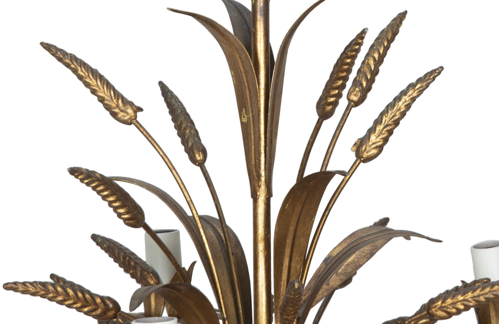 Mid-Century French Hollywood Regency style, gilt tole wheat sheaf chandelier with five bulb holders