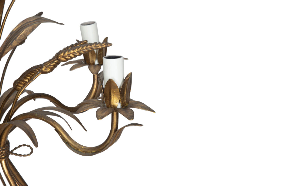 Mid-Century French Hollywood Regency style, gilt tole wheat sheaf chandelier with five bulb holders