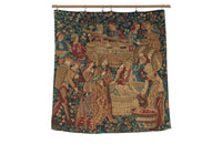 Antique tapestry wall hanging titled 'Le Pressage depicting wine pressing in XV Century Medieval times. French antiques