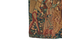 Antique tapestry wall hanging titled 'Le Pressage depicting wine pressing in XV Century Medieval times. French antiques